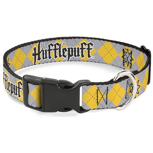 Warner Bros. Hundehalsband, Kunststoffschnalle, Harry Potter Hufflepuff-Sterne, Argyle-Karo, Grau, Goldbraun, 38,1 bis 61 cm, 2,5 cm breit von Buckle-Down