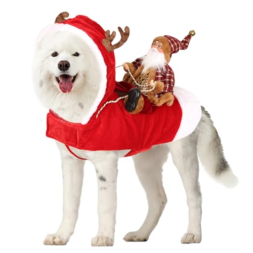 Hunde-Weihnachtsoutfit für große Hunde, Weihnachtsmann-Kostüm, Weihnachtskleidung für Haustiergeschenke, warmer Hunde-Wintermantel, Pullover, Kostüme mit Rentierhut (XL, Rot + Braun) von Budding Gallery