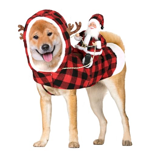 Hunde-Weihnachtsoutfit für große Hunde, Weihnachtsmann-Kostüm, Weihnachtskleidung für Haustiergeschenke, warmer Hunde-Wintermantel, Pullover, Kostüme mit Rentierhut (XL, Rot + Schwarz) von Budding Gallery