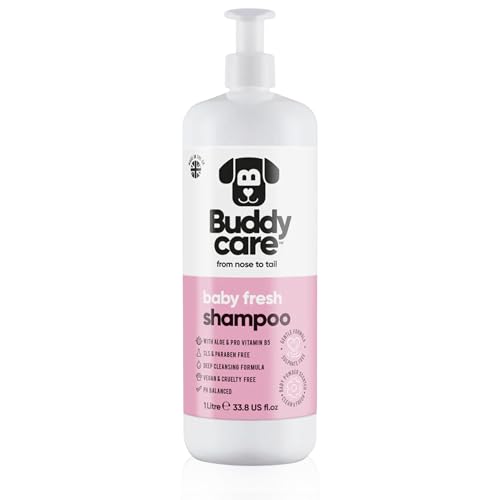 Baby Fresh Dog Shampoo von Buddycare - Shampoo für müffelige Hunde ab 8 Wochen - Baby-Puder-duftendes Welpen-Shampoo mit Aloe Vera und Provitamin B5 (1L) von Buddycare