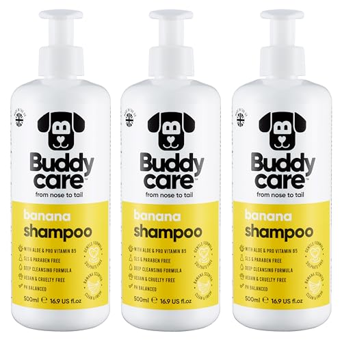 Buddycare Hundeshampoo mit Banane – Tiefenreinigungsshampoo für Hunde – fruchtiger Duft – mit Aloe Vera und Provitamin B5 (500 ml x 3) von Buddycare