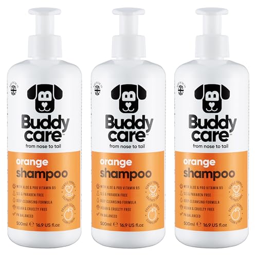 Buddycare Hundeshampoo mit Orangen – Tiefenreinigungsshampoo für Hunde – fruchtiger Duft – mit Aloe Vera und Pro-Vitamin B5 (500 ml x 3) von Buddycare