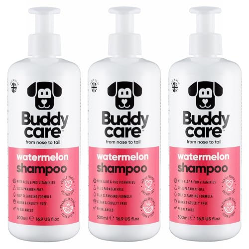 Buddycare Hundeshampoo mit Wassermelone – Tiefenreinigungsshampoo für Hunde – fruchtiger Duft – mit Aloe Vera und Provitamin B5 (500 ml x 3) von Buddycare