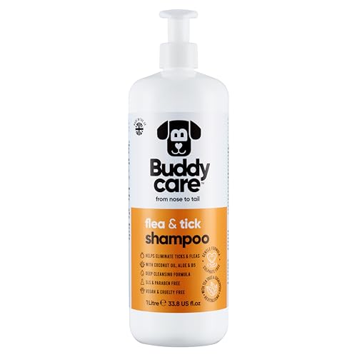 Floh- & Zeckenhundeshampoo von Buddycare - Beseitigt Flöhe, Zecken & Milben - Tiefenreinigungsshampoo für Hunde, Flohshampoo mit Teebaumöl & Eukalyptus für Hunde (1L) von Buddycare