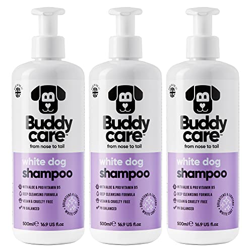 Weißes Hundeshampoo von Buddycare - Aufhellendes und Aufhellendes Shampoo für Hunde - Tiefenreinigung, frisch duftend - Mit Aloe Vera und Pro-Vitamin B5 (500ml x3) von Buddycare