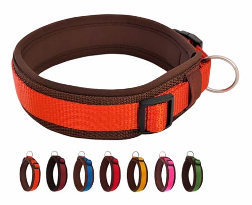 BUDDYPACK | Bequemes Hundehalsband | Extra-Breit mit Neopren-Polster | Für Kleine, Mittlere und Große Hunde | Größe XXS-3XL (L (50-55 cm), Rostorange auf Braun) von Buddypack