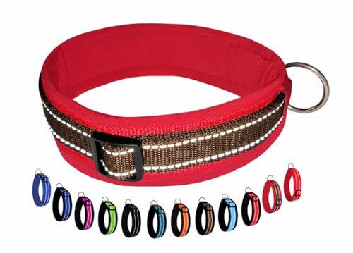 BUDDYPACK | Extra-Breites Hundehalsband mit Reflektorstreifen | Weiches Neopren-Polster | Größe XXS-3XL Verstellbar (S/M (41-46 cm), Braun auf Rot) von Buddypack