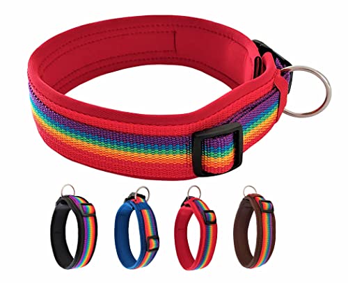 BUDDYPACK | Hundehalsband *Rainbow* Extra-Breit und Weich mit Neopren Gepolstert | Größe XXS-3XL | Verstellbar (XXXL (62-67 cm), Regenbogen auf Rot) von Buddypack