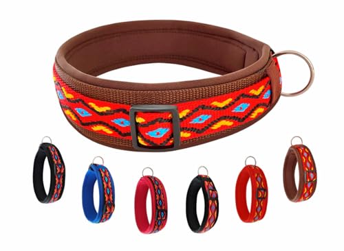 BUDDYPACK | Hundehalsband Extra-Breit und Weich Gepolstert | Für Kleine, Mittlere und Große Hunde (Rot-Bunt auf Braun, S/M (41-46 cm)) von Buddypack