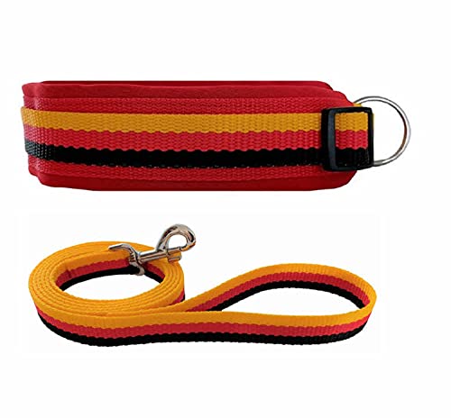 BUDDYPACK | Hundehalsband-Leine-Set | Halsband Extra-Breit Neopren Gepolstert | Größe XXS-XXXL | Leine mit Handschlaufe 1,50 m | (Schwarz-Rot-Gelb, XXL (59-64 cm)) von Buddypack