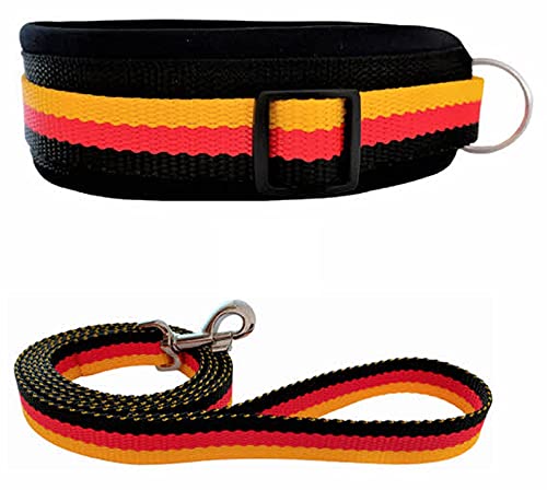 BUDDYPACK | Hundehalsband-Leine-Set | Halsband Extra-Breit Und Weich Gepolstert Plus Leine Mit Handschlaufe 1,50 m | Für Kleine, Mittlere Und Große Hunde | Bunt (Schwarz-Rot-Gelb, XL (56-61 cm)) von Buddypack