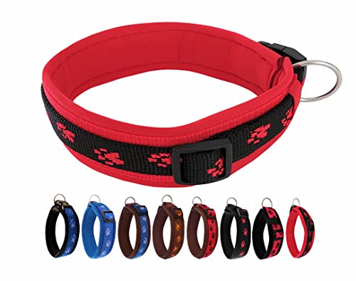 BUDDYPACK | Pfötchen-Hundehalsband Extra-Breit mit Neopren gepolstert | Größe XXS-3XL (4-6 cm breit) | Verstellbar (S/M (41-46 cm), Schwarz-Rot) von Buddypack