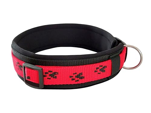 BUDDYPACK | Pfötchen-Hundehalsband Extra-Breit mit Neopren gepolstert | Größe XXS-3XL (4-6 cm breit) | Verstellbar (S/M (41-46 cm), Schwarz auf Rot) von Buddypack