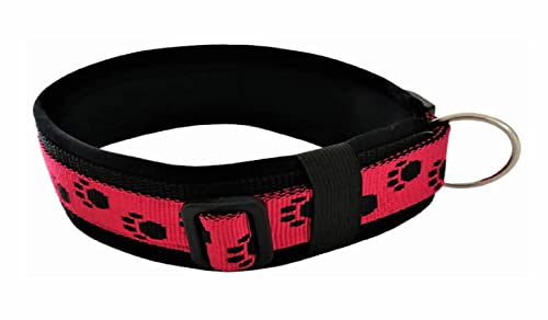 BUDDYPACK | Pfötchen-Hundehalsband Extra-Breit mit Neopren gepolstert | Größe XXS-3XL (4-6 cm breit) | Verstellbar (S (38-43 cm), Schwarz auf Rot) von Buddypack