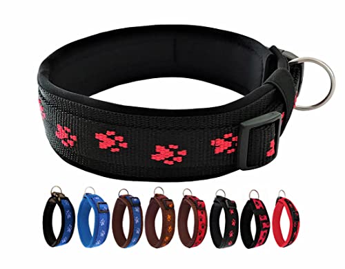 BUDDYPACK | Pfötchen-Hundehalsband Extra-Breit mit Neopren gepolstert | Größe XXS-3XL (4-6 cm breit) | Verstellbar (XS (32-37 cm), Rot auf Schwarz) von Buddypack