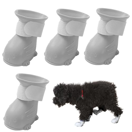 Hunde Regenstiefel, Haustierschuhe 4pcs wasserdichte Hunde Regenstiefel Gummi Nonrutschkatze Regenstiefel mit Befestigungsband atmungsaktiv süße kleine Katzenhundstiefel für Outdoor, kleine Hundefutt von Budstfee