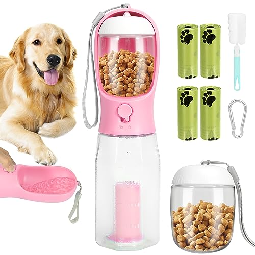 3-in-1 Trinkflasche Hunde für Unterwegs 600ml - Auslaufsicher Hundetrinkflasche mit 100g Hundefutter Becher & 4 Hundekotbeutel, Haustiere Tragbare Wasserflasche Hund Katze zum Wandern, Reisen(Rosa) von Buenotec