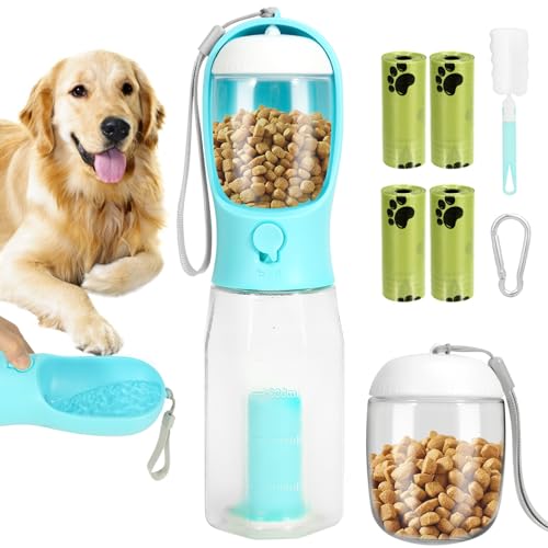 600ml Hundetrinkflasche für Unterwegs mit 100g Futterbehälter&4 Hundekotbeutel, Auslaufsicher Trinkflasche Hund mit Aktivkohlefilter BPA-frei, Tragbare Wasserflasche für Kleine Große Hunde Katze(Blau) von Buenotec