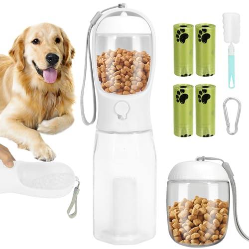 Buenotec 600ml Trinkflasche Hund mit 100g Futterbehälter&4 Hundekotbeutel, Leckdichte Hundetrinkflasche für Hund Unterwegs mit Aktivkohlefilter BPA-frei, Tragbare Wasserflasche für Hunde Katze(Weiß) von Buenotec