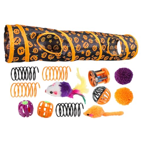 Buerfu Haustier-Katzentunnelröhre, Katzenspielzeug-Set mit Tunnel - Halloween Peekaboo Katzenhöhle mit Katzenspielzeug,Interaktives Spielzeug mit Kürbismuster für kleine Tiere, gelangweilte Katzen von Buerfu