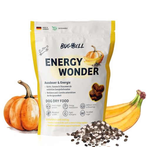 BugBell 800g High Energy Trockenfutter für Hunde, Insektenprotein ohne Getreide, Banane & Kürbis & Chia & Lachsöl & L-Carnitin unterstützen EIN aktives Hundeleben, 100% transparente Deklaration von BugBell