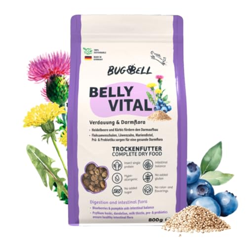 BugBell 800g Premium Trockenfutter, Magenschonend, Hypoallergen, für Probleme mit der Bauchspeicheldrüse oder Leber, Löwenzahn, Mariendistel, Präbiotika & Probiotika von BugBell