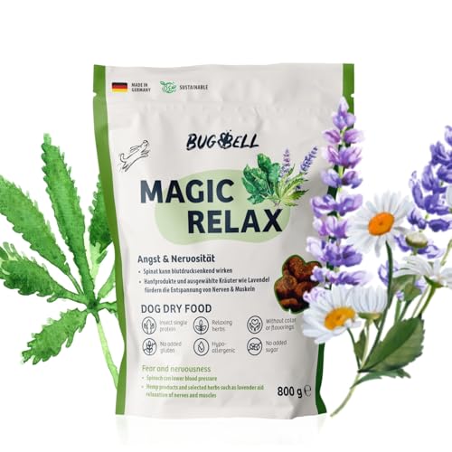 BugBell 800g Premium Trockenfutter, bei Angst & Stress, hypoallergen & verträglich, ohne Hefe und Kartoffel, mit Hanf, Spinat, Fenchel, Kamille von BugBell