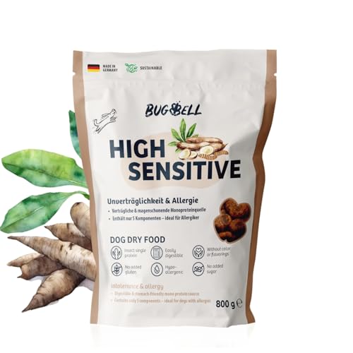 BugBell 800g Premium Trockenfutter Schonkost, Nur fünf Komponenten, Hypoallergen, für Allergikerhunde, Insekten Hundefutter bei Ausschlussdiäten von BugBell