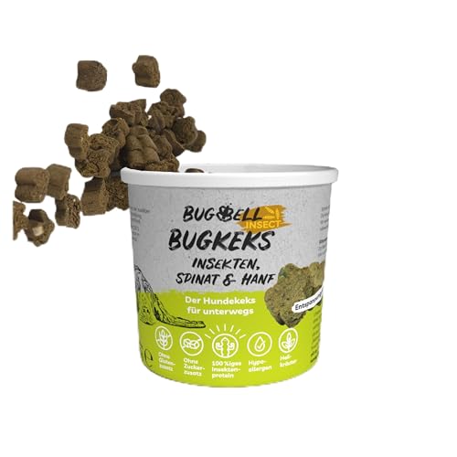 BugBell 8x150g Hundekeks, Hunde Kekse getreidefrei & zuckerfrei, wirkt gegen Stress und Unruhe durch natürliche Zutaten wie Spinat & Hanf & Heilkräuter & Hanföl, hypoallergene Leckerlis, Insekt von BugBell