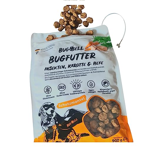 BugBell 900g Premium Trockenfutter Insekt, Schwarzkümmelöl, Kokosöl, Zistrosenkraut & Rosmarinpulver schützen natürlich vor Zecken & Flöhen, Karotte & Hefe wirken positiv auf Haut & Fell von BugBell