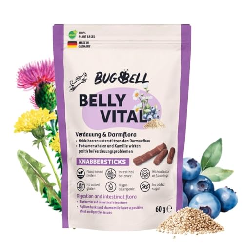 BugBell Softe Knabbersticks für Hunde 60g, Verdauung & Darmflora, Fettreduziert & Vegan, bei Problemen mit Durchfall und Erbrechen, Heidelbeere, Flohsamenschalen, Kamille BugBell Softe Knabbersticks für Hunde 60g, Verdauung & Darmflora, Fettreduziert & Vegan, bei Problemen mit Durchfall und Erbrechen, Heidelbeere, Flohsamenschalen, Kamille von BugBell