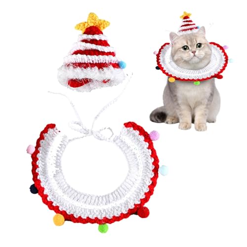 Buhjnmik Haustier-Weihnachtshalsband und Mütze, gestrickter Katzenhalsband-Schal | Katze Gestrickte Weihnachtshalsbandmütze,Verstellbares Hunde-Weihnachtskostüm im Seil-Design für Schnauzer, Bichon von Buhjnmik