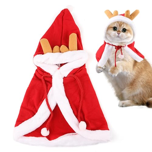 Buhjnmik Haustier-Weihnachtskostüm-Poncho-Umhang, Weihnachtsmann-Umhang für Katzen - Niedlicher Christmas Elements Haustierumhang mit Geweih,Hundekostüm in Mehreren Größen, weich, bequem, Festliche von Buhjnmik