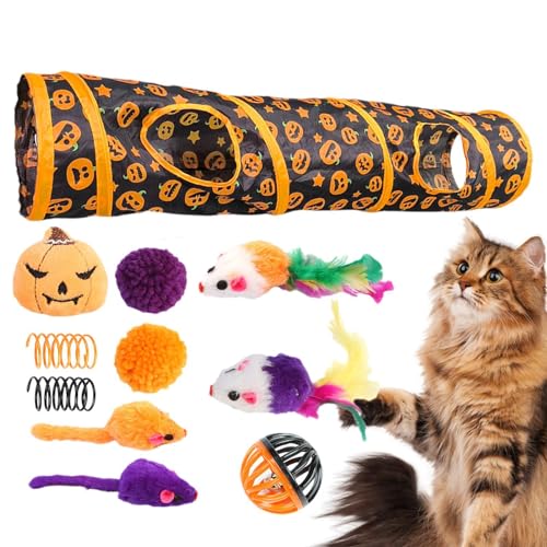 Buhjnmik Katzenspielzeug-Set mit Tunnel,Katzentunnel mit Spielzeug,Peekaboo Katzenhöhle Halloween-Themen-Katzenröhren | Interaktives Spielzeug mit Kürbismuster für kleine Tiere, gelangweilte Katzen von Buhjnmik