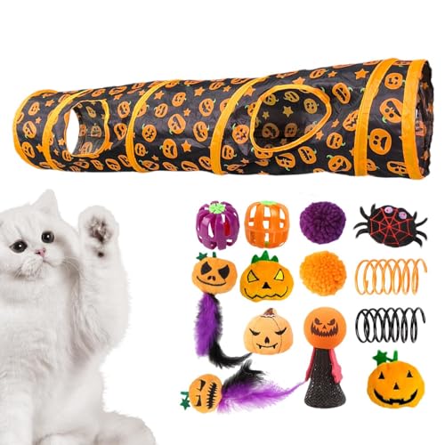 Buhjnmik Katzenspielzeug-Set mit Tunnel,Katzentunnel mit Spielzeug - Zusammenklappbare Halloween-Peekaboo-Höhlen-Katzenröhren | Interaktives Spielzeug mit Kürbismuster für kleine Tiere, gelangweilte von Buhjnmik