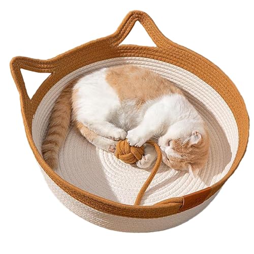 Buhjnmik Schreibtischnest Katzenbett, handgewebt, kratzfest, Schreibtisch, Katzenbett, niedliches Katzenohr, waschbar, atmungsaktiv, Baumwollseil, Haustierbett, faltbares Nest für Indoor-Katzen, von Buhjnmik