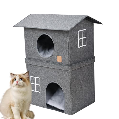 Foldable Cat House, Cat Bed 2 Layer Large Cat Cave, Soft Kitten beds, Semi-Enclosed Pet House, Cold Weather House with Door for Small Medium Large Cats von Buhygn