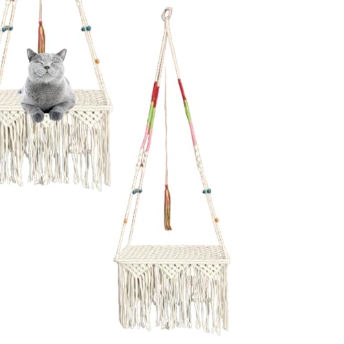 Buhyujkm Macrame Cat Swing Bed, Boho Wall-Mounted Hanging Hammock Small Cats, 19.69x11.81x52.36 inches, Handmade Woven Macrame Pet Bed, Space-Saving Cozy Swinging Perch for Indoor Kittens von Buhyujkm