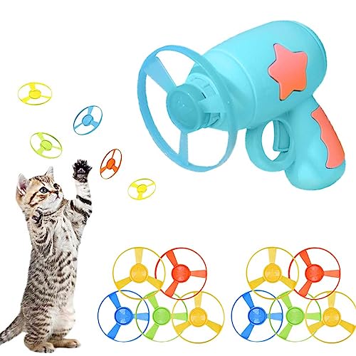 Gamrong Katze-Spielzeug Cat Fetch Toy Haustier Spielzeug für Katze, Cat Toy Sets 1 Blau Launchers und 10 Bunte Fliegende Chasing Untertasse Propellers für Interactive, Training, Jagen, Schlagen von Bull Tiger Prestige