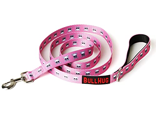 BULLHUG Bulldoggen-Leine mit gepolstertem Griff, 1,8 m, ideal für Bulldoggen, französische Bulldoggen, Mops und alle Rassen, Leine zum Spazierengehen, Trainingsleine für Bulldoggen, Pink Skull von BullHug