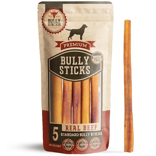 Bully Bunches 30,5 cm Standard-Bully-Sticks für kleine und mittelgroße Hunde, langlebige Kauknochen, natürliche und einzelne Zutaten, 100 % Rindfleisch-Hundeleckerli, Rohleder-Alternative (5 Stück) von Bully Bunches