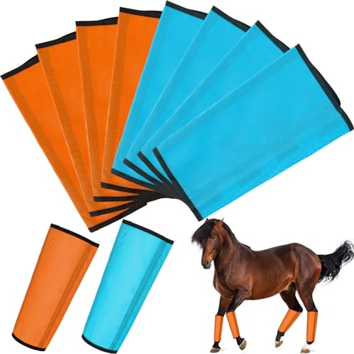 Bulyoou 8 Stück Netz-Fliegenstiefel für Pferde, atmungsaktive Netz-Hufschützer, Pferdebeinbandagen, Pferde-Leggings zur Vorbeugung von Fliegen und Mückenstichen (Orange, Himmelblau) von Bulyoou