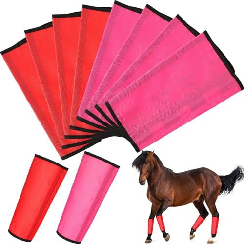 Bulyoou 8 Stück Netz-Fliegenstiefel für Pferde, atmungsaktive Netz-Hufschützer, Pferdebeinbandagen, Pferde-Leggings zur Vorbeugung von Fliegen und Mückenstichen (Rot, Rosarot) von Bulyoou