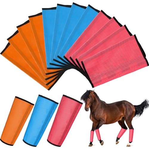 Bulyoou Fliegenstiefel aus Netzstoff für Pferde, atmungsaktiv, schützendes Pferdebein, lose Bandagen, Pferde-Leggings zur Vermeidung von Fliegen und Mückenstichen (Rosa, Blau, Orange), 12 Stück von Bulyoou