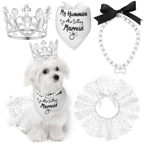 Bulyoou Hunde-Hochzeits-Outfit-Kleid mit Aufschrift "My Humans are Getting Married", Halstuch, Halsband und Kronenhut, Perlenkristall, für kleine, mittelgroße und große Hunde, Welpen, Mädchen, Katzen, von Bulyoou