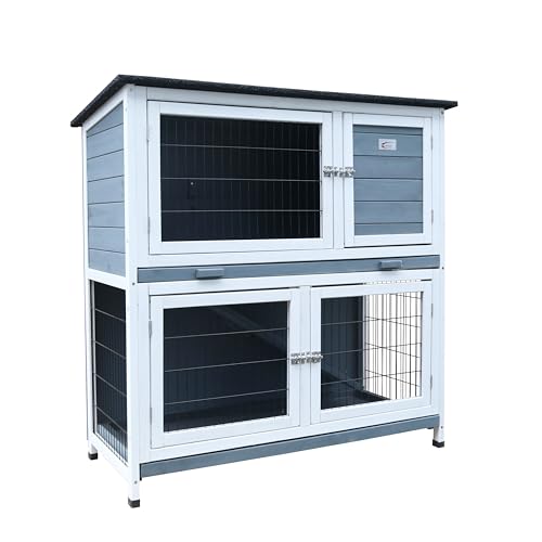 BUNNY BUSINESS Deluxe-Doppeldecker-Stall für Kaninchen/Meerschweinchen, 104,1 cm, mit verschiebbaren Schalen und Rampe (BB-41-DDL-FG-Grau) von Bunny Business