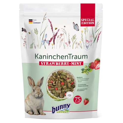 Bunny KaninchenTraum Special Edition Strawberry-Mint | 1,5 kg | Alleinfuttermittel für Zwergkaninchen | Für Haut, Fell, Zähne und Darmflora | Mit Erdbeerstücken und Minzblättern von Bunny