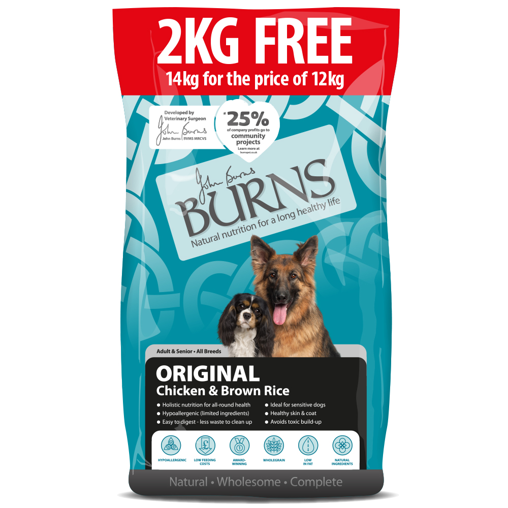 2 kg gratis! 14 kg Burns Trockenfutter - Adult & Senior Original Huhn & brauner Reis von Burns