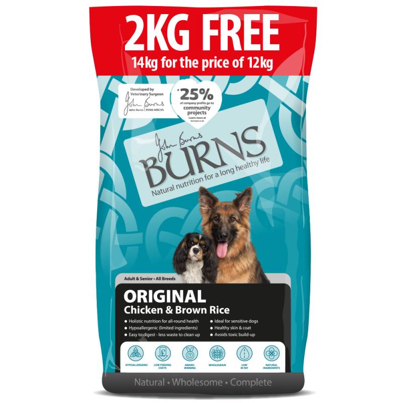 2 kg gratis! 14 kg Burns Trockenfutter - Adult & Senior Original Huhn & brauner Reis von Burns