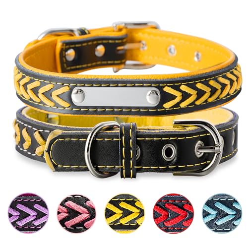 Geflochtenes Hundehalsband aus Leder Personalisierte Leder Hundehalsband mit Namen Gravur Gelb Halsband mit Namenschild für großen Hund Hundehalsbänder L von Buruslove